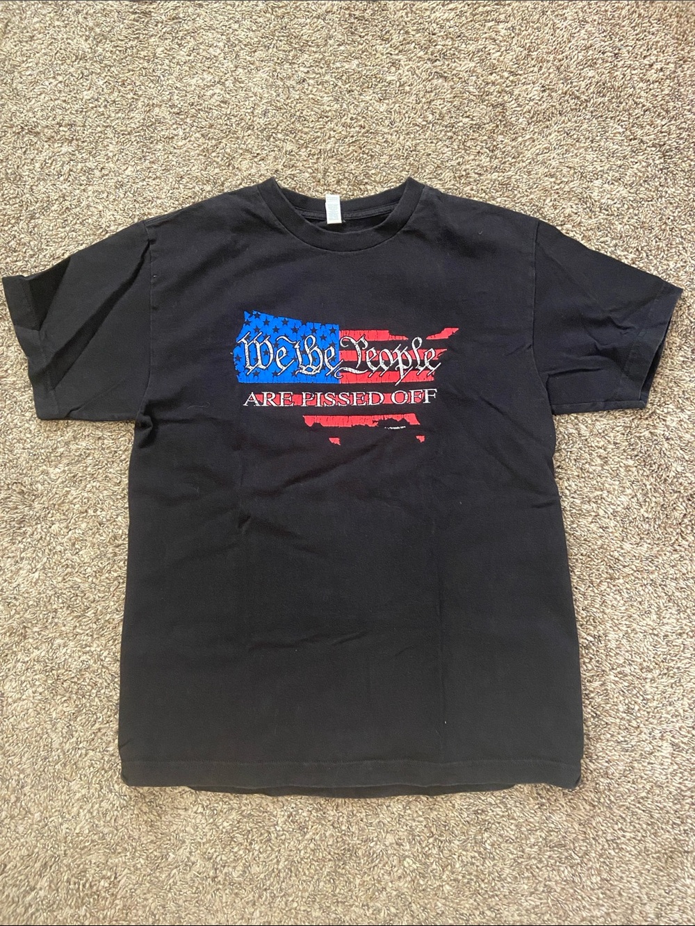 ☀️ 🎃 🇺🇸 Alstyle Black Short-Sleeve Graphic Tee with Red & Blue Flag Print
